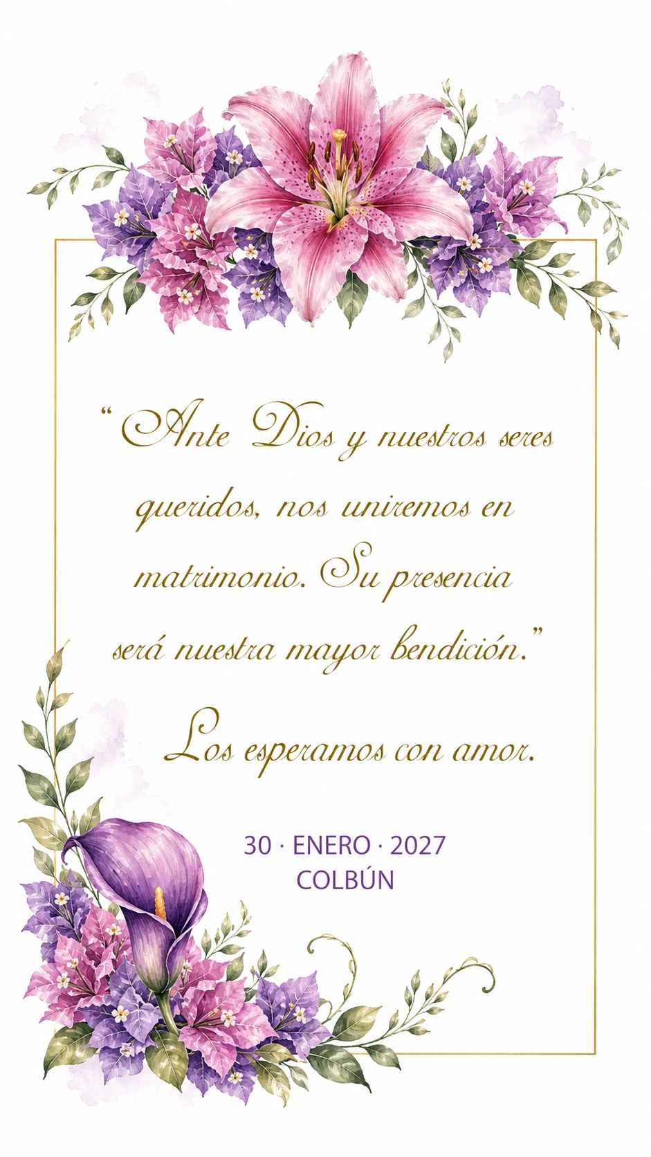 Ante Dios y nuestros seres queridos, nos uniremos en matrimonio. Su presencia será nuestra mayor bendición.