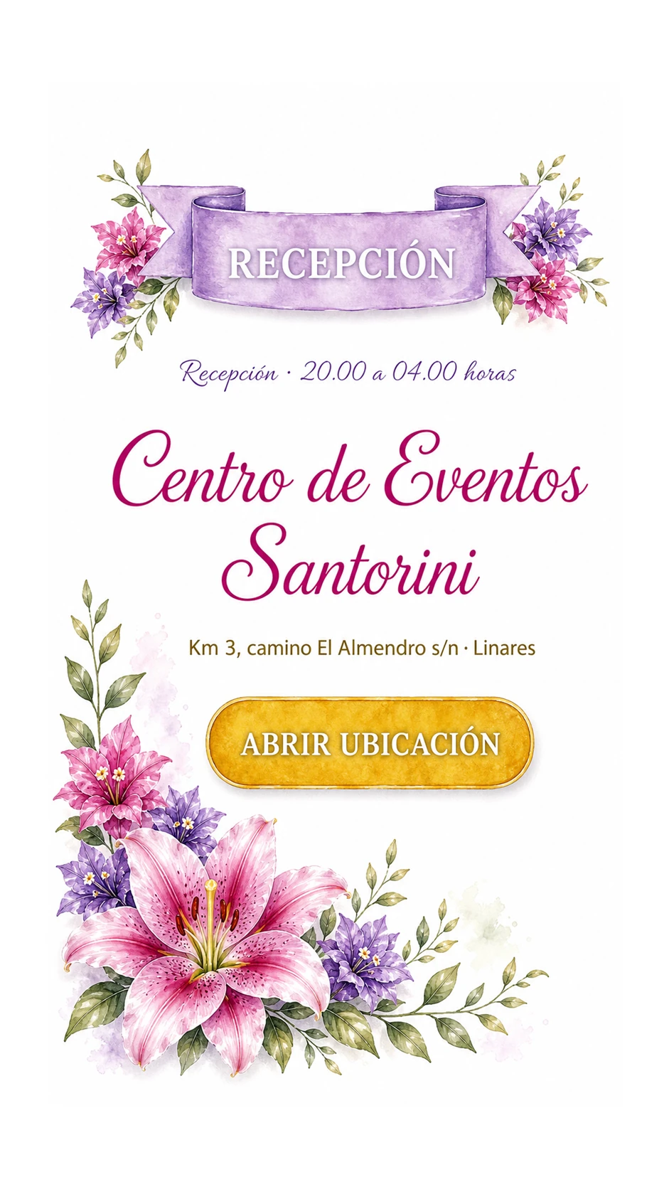 Recepción desde las 20:00 hasta las 04:00 horas en Centro de Eventos Santorini, Km 3 camino El Almendro sin número, Linares